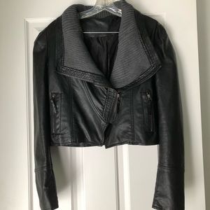 Cropped Faux Leather Biker Jacket with Knit Trim
